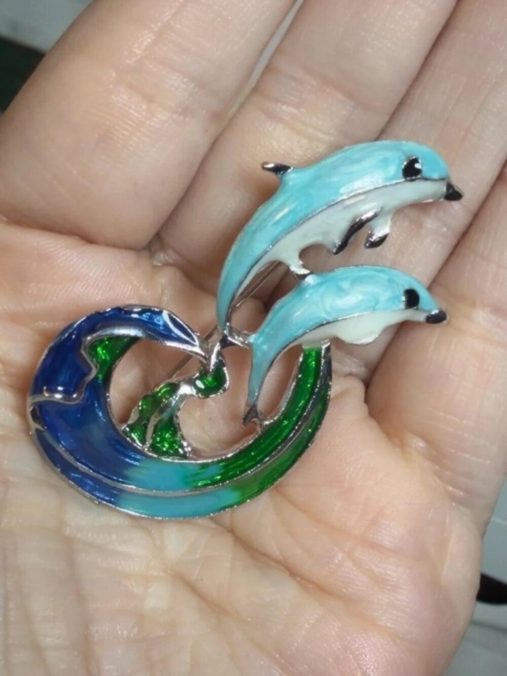 Dolphin Brooch Ocean Wave Nautical Enamel Pin Pendant 2.25”